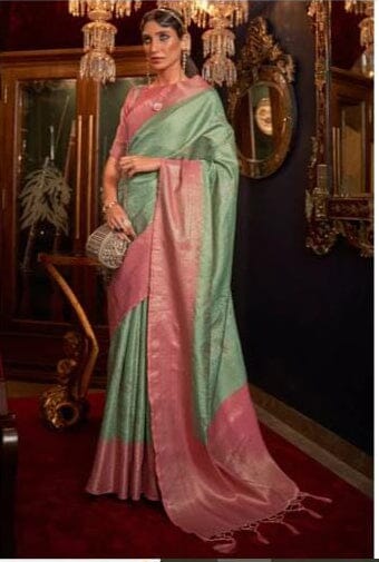 Designer Party Wear Zari & Woven Soft Silk Pista Color Saree And Peach Color Blouse Material Apparel & Accessories Roopkashish 