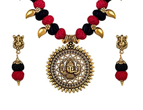 JFL - Jewellery for Less Latest Gold Ganesha German Silver Oxidized Beads with Red Cotton Adjustable Thread Temple Necklace set (Red & Black) earrings JFL 