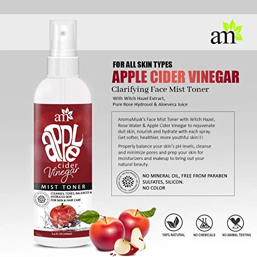 AromaMusk Apple Cider Vinegar Clarifying Pore Refining Face Mist Toner, 100ml - With Witch Hazel Extract, Pure Rose Hydrosol & Aloevera Juice For Face, Hair & Body Aroma Musk 