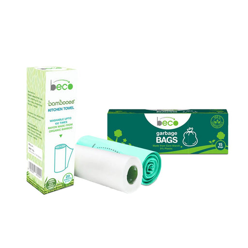Beco Kitchen Care Bundle Bambooee Eco Friendly Reusable Kitchen Towel Roll (20 Sheets) + Beco Compostable Medium Garbage Bags 19 x 21 inches (15 Pieces) Garbage Bags&Towel Ecosattva 