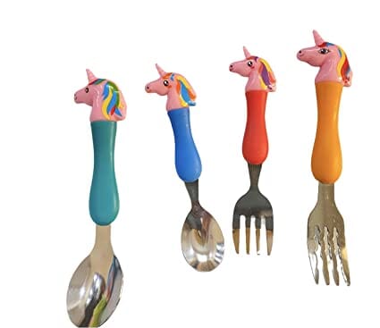 G.FIDEL Pink Unicorn Family Cartoon Character Theme Plastic Handle Stainless Steel Baby Feeding Spoon and Fork Cutlery Set for Kids, Children (Set of 4, Multicolor) Toy GFIDEL 