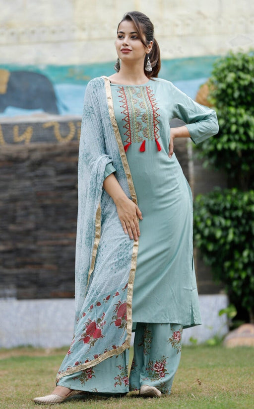 Rayon Kurti Palazzo dupatta with embroidery work(Blue Colour) Apparel & Accessories Globuschoicein 