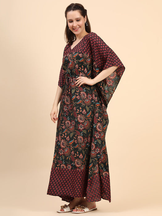 Women's Floral print Rayon long Kaftan in Green base and border Clothing Ruchi Fashion M 