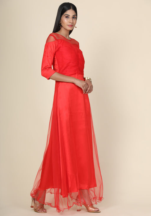 Women's Pleat Draped Red Gown Clothing Ruchi Fashion M 