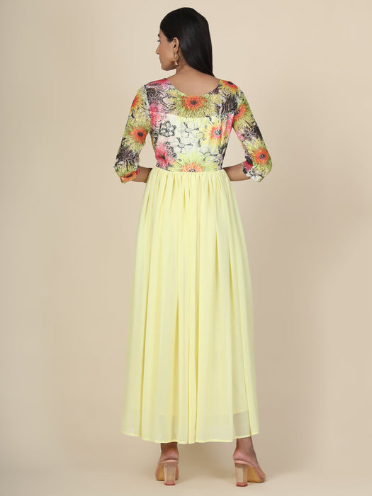 Women's Lemon gown in georgette and Sunflower print Net Yoke Clothing Ruchi Fashion 