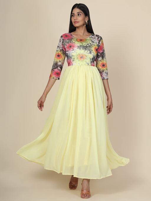 Women's Lemon gown in georgette and Sunflower print Net Yoke Clothing Ruchi Fashion XS 