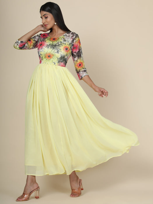 Women's Lemon gown in georgette and Sunflower print Net Yoke Clothing Ruchi Fashion M 