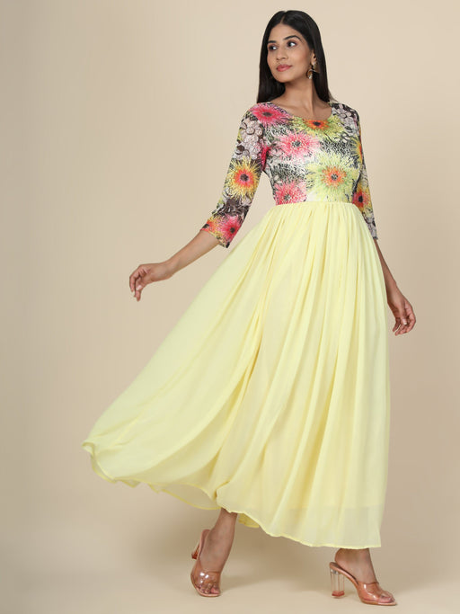 Women's Lemon gown in georgette and Sunflower print Net Yoke Clothing Ruchi Fashion L 