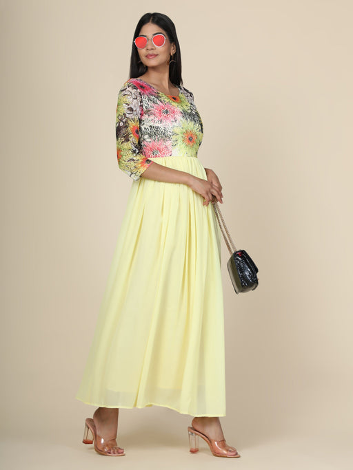 Women's Lemon gown in georgette and Sunflower print Net Yoke Clothing Ruchi Fashion XL 