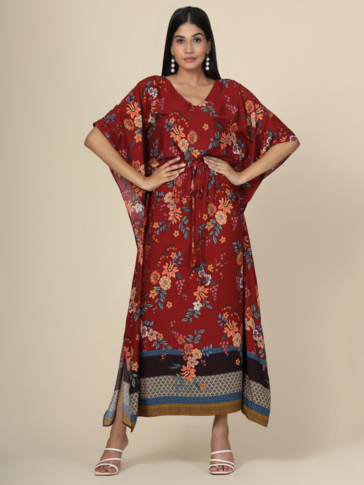 Women's Floral print Rayon long Kaftan in Maroon base Clothing Ruchi Fashion XS 