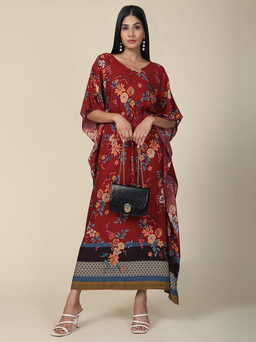Women's Floral print Rayon long Kaftan in Maroon base Clothing Ruchi Fashion M 