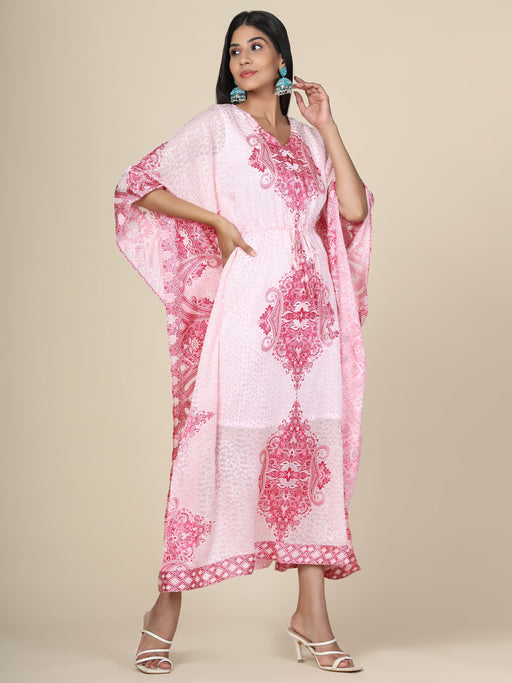 Women's baby pink printed Long Kaftan in Georgette brasso self fabric with Inner Clothing Ruchi Fashion M 
