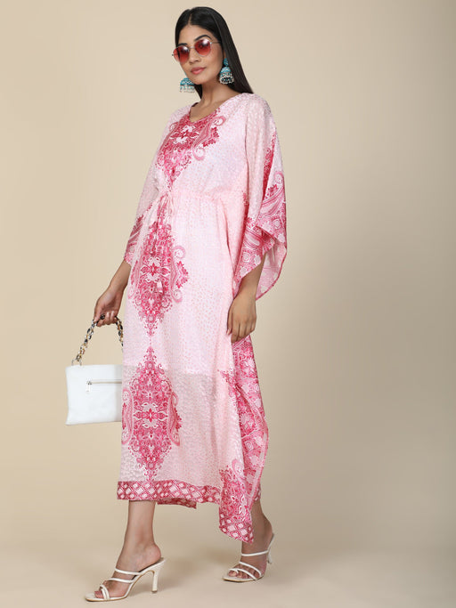 Women's baby pink printed Long Kaftan in Georgette brasso self fabric with Inner Clothing Ruchi Fashion L 