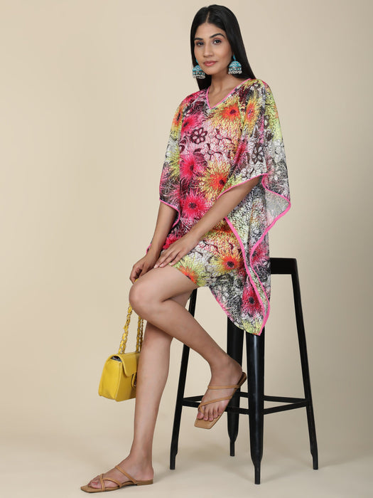 Women's Net Sunflower print short Kaftan in pink and lemon color Clothing Ruchi Fashion L 