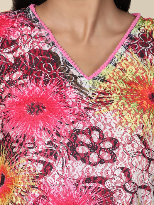Women's Net Sunflower print short Kaftan in pink and lemon color Clothing Ruchi Fashion XL 