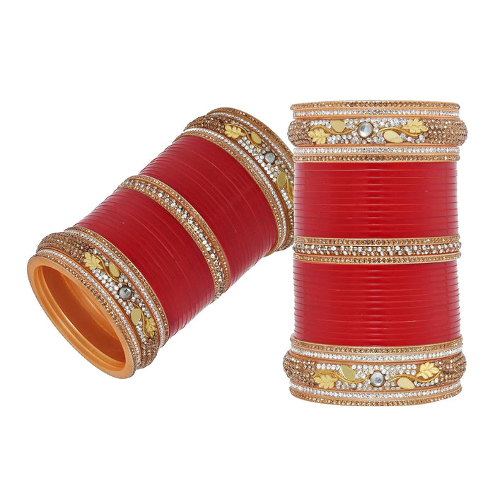 LUCKY JEWELLERY Bridal Wedding punjabi chuda Designer chura CZ Stone Golden & White Kundan Red color Choora (1080-M1C1-EKTA-R) Lucky Jewellery 