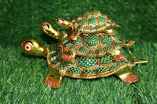 Salvus APP SOLUTIONS Metal Handmade Green & Gold Turtle Tortoise Feng Shui Showpiece for Home Decoration, Set of 3 Home Decors Salvus App Solutions 