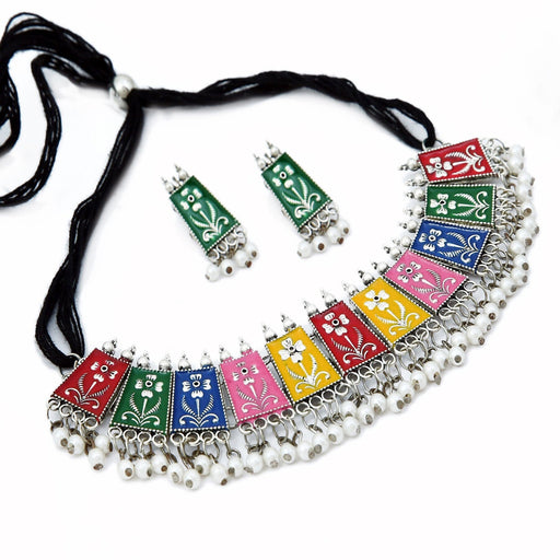 Aradhya Oxidised Silver Plated Meena Work Choker Necklace for Women and Girls Imitation Jewellery Aradhya Jewellery 