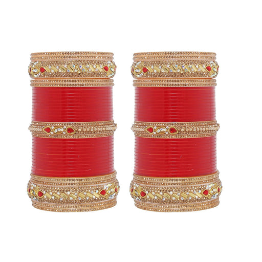 Lucky Jewellery Bridal Wedding punjabi chuda Designer chura CZ Stone Golden & White Kundan Stone with Pearl Red color Choora (1205-M1C1-CHAMALI-R-22) Bangles Lucky Jewellery 