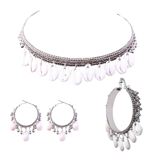 ARADHYA Traditional German Silver Shells Necklace Boho Designer Oxidized German Silver Plated Choker Necklace Set with Earrings and Bracelet for Girls & Women Imitation Jewellery Aradhya Jewellery 