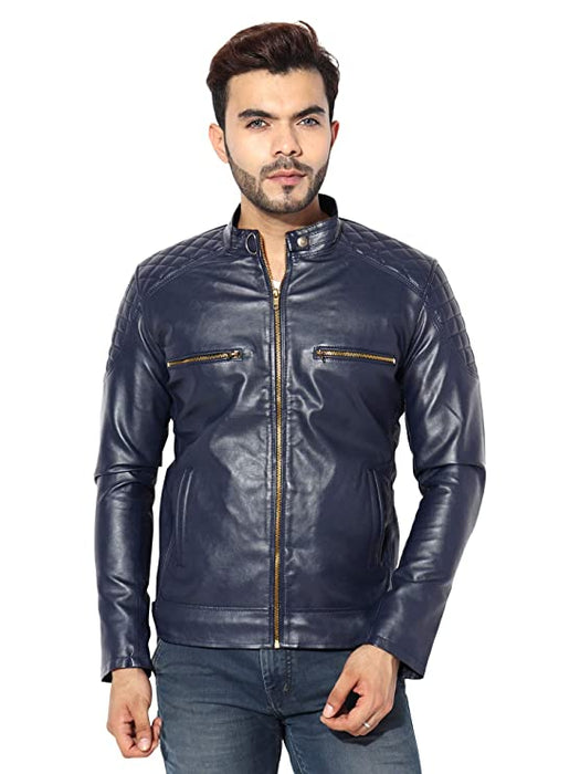 Garmadian Blue Casual Pu Leather Jacket for Men Jackets Demind Fashion 