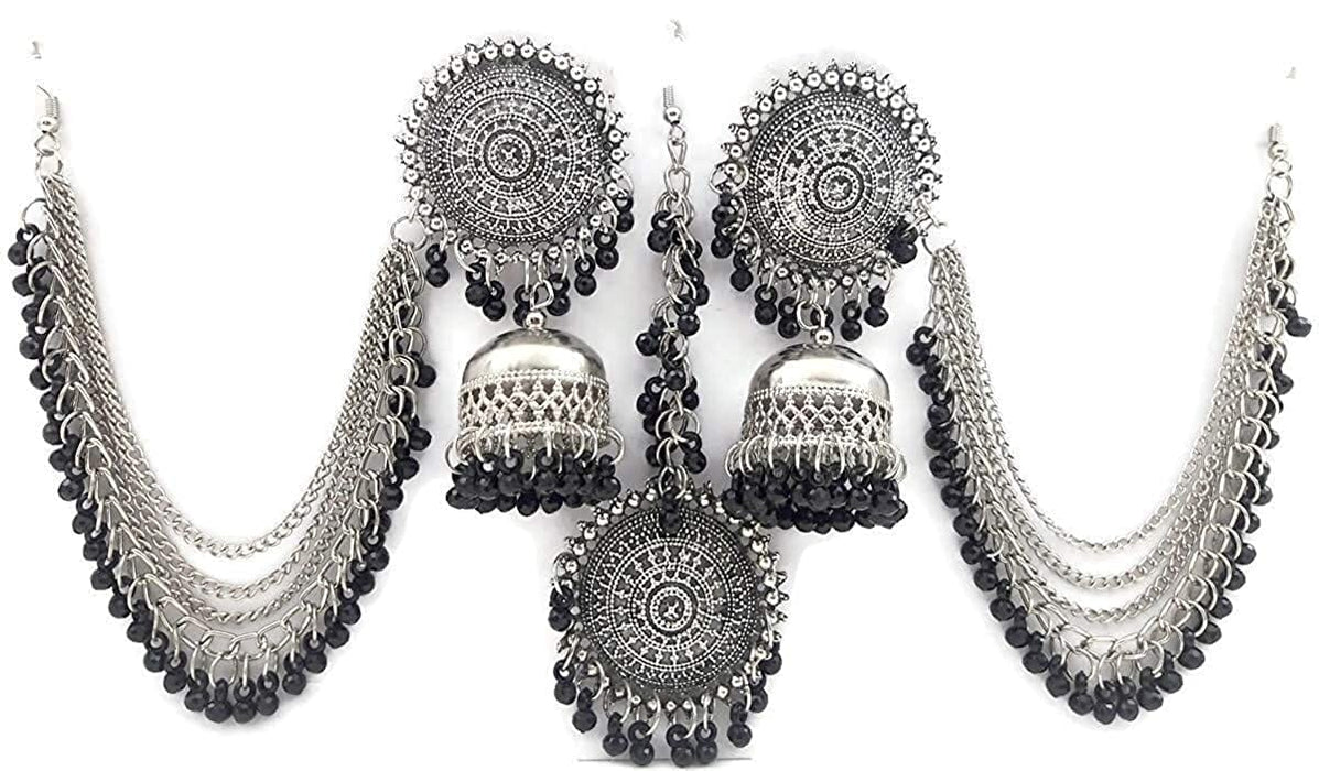 Aradhya Multicolour Oxidized Non-Precious Metal Afghani Kashmiri Tribal Jhumka Earrings with Maang Tikka Jewellery Set for Women Imitation Jewellery Aradhya Jewellery 
