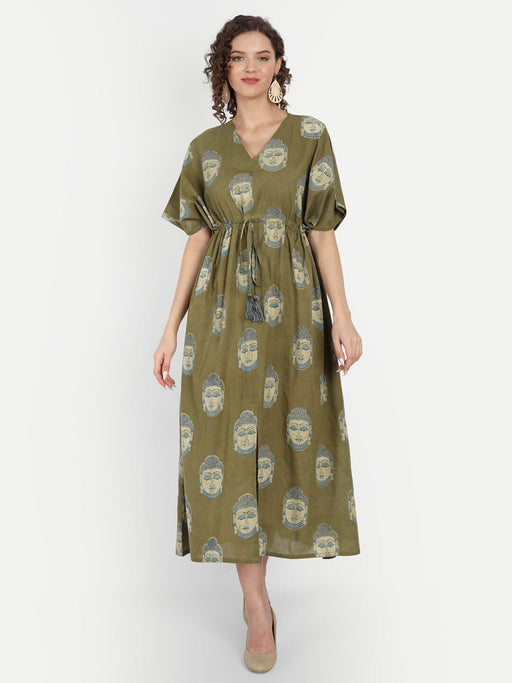 Olive Green Buddha Block Print Cotton Kaftan Maxi Dress Apparel & Accessories Jiron 