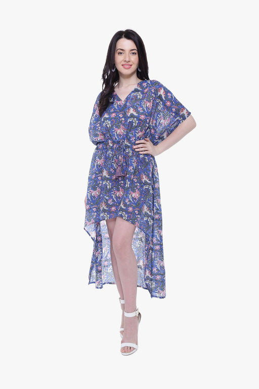 Blue Floral Block Print Cotton High Low Kaftan Dress Apparel & Accessories Jiron 