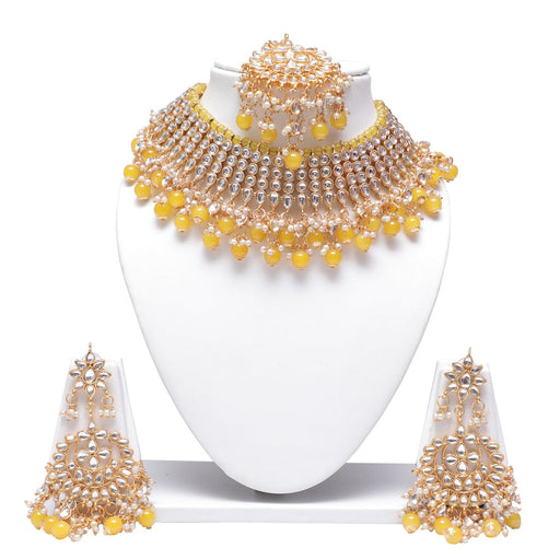 Yellow colour choker pearls kundan necklace set for women Swarajshop 