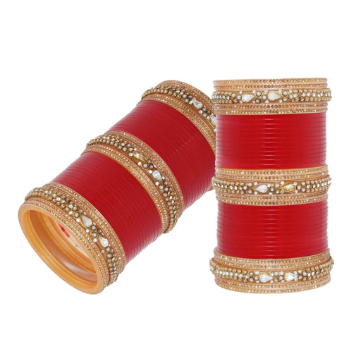 LUCKY JEWELLERY Bridal Wedding punjabi chuda Designer chura CZ Stone Golden & White Red Kundan Stone & Pearl Red color Choora Lucky Jewellery 