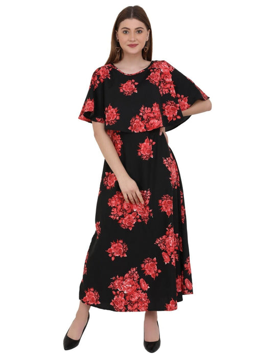 Designer Cape Style Maxi Dress in Red Colour Cony International 