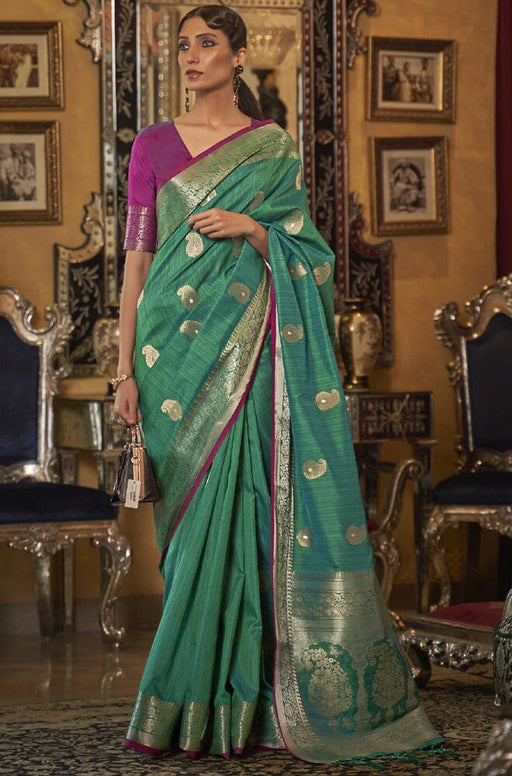 Designer Party Wer Meena Butti Green Colour Woven Soft Silk Saree With Zari & Woven Border Tassal Pallu And Woven Blouse Material. Apparel & Accessories Roopkashish 