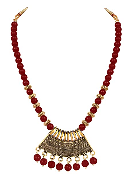 JFL - Jewellery for Less Stylish Gold Plated Antique Semi-Circle Pendant Beaded Tribal Necklace Set for Women and Girls. Chain Pendent JFL 