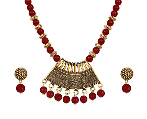 JFL - Jewellery for Less Stylish Gold Plated Antique Semi-Circle Pendant Beaded Tribal Necklace Set for Women and Girls. Chain Pendent JFL 