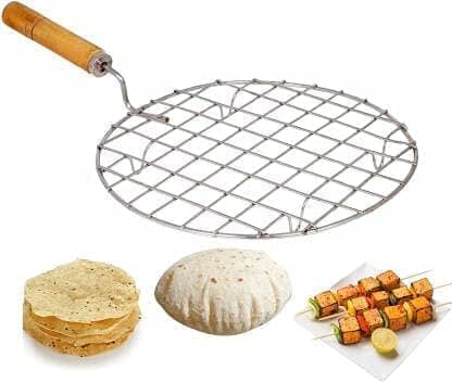 LSARI Steeliness Steel Standard Size 17 cm Round Papad Roaster Chapati Roti Jali Barbeque Grill with Wooden Handle (1 Pc) Home Accessories Aric Retail India Company 