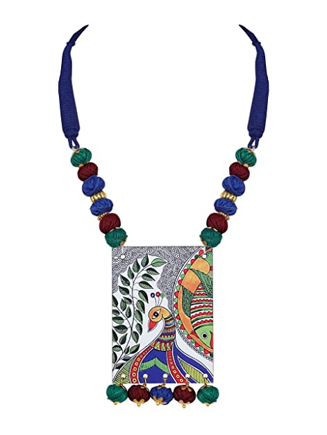 JFL - Jewellery for Less Beautiful Warli Painting Faces Pendant with Multi Color and Cotton Bead Adjustable Thread Handcraft Necklace and Dangler Earrings for Women and Girls. (Red, Sky Blue, Yellow) earrings JFL 