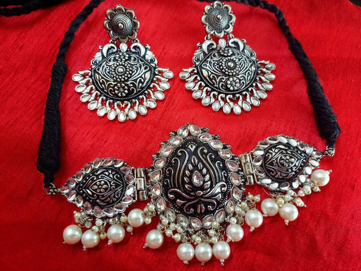 Aradhya Afghani Pendant Turkish stone choker silver Oxidised Jewellery set with earrings for Women and Girls Imitation Jewellery Aradhya Jewellery 