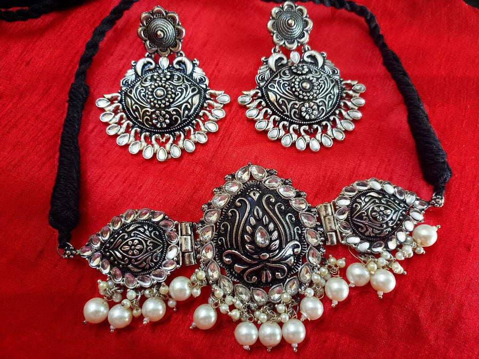 Aradhya Afghani Pendant Turkish stone choker silver Oxidised Jewellery set with earrings for Women and Girls Imitation Jewellery Aradhya Jewellery 