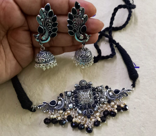 Aradhya stylish Afghani Pendant Turkish stone choker silver Oxidised jewellery set with earrings for Women and Girls Imitation Jewellery Aradhya 