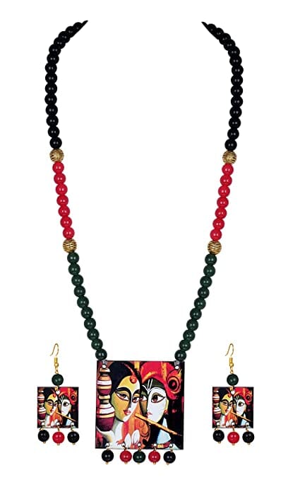 JFL - Jewellery for Less Classic Radha & Krishna Painting Pendant with Multi Color and Cotton Bead Adjustable Thread Handcraft Necklace and Earrings for Women and Girls Jewellery Sets JFL 