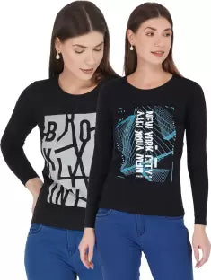 Ap'pulse Printed Women Round Neck Black T-Shirt (Pack of 2) t-shirt sandeep anand 