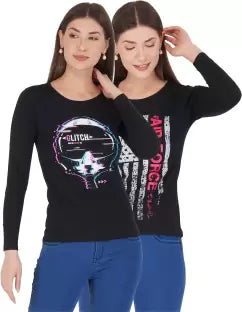 Ap'pulse Printed Women Round Neck Black T-Shirt (Pack of 2) t-shirt sandeep anand 
