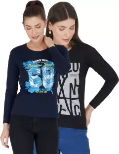 Ap'pulse Printed Women Round Neck Black, Blue T-Shirt (Pack of 2) t-shirt sandeep anand 