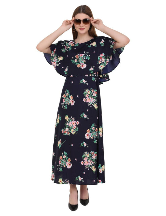 Designer Cape Style Maxi Dress in Navy Blue Colour Cony International 