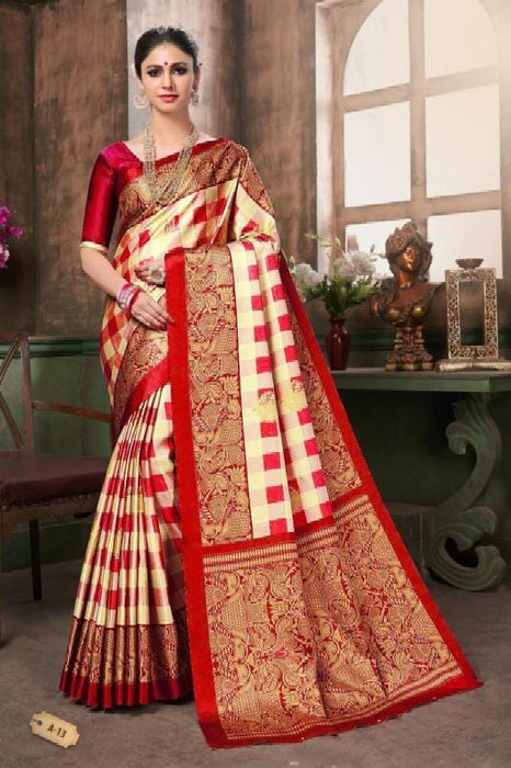 SVB Saree Women's Red Color Khadi Silk Printed Saree With Blouse Piece(AMAZE RED_Free Size) SAREE SVB Sarees 