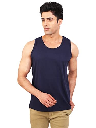 BKS COLLECTION West Sleeveless Navy Blue Round Neck Solid for Men's Stylist Cotton T-Shirt Apparel & Accessories BKS COllections 
