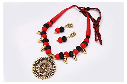 JFL - Jewellery for Less Latest Gold Ganesha German Silver Oxidized Beads with Red Cotton Adjustable Thread Temple Necklace set (Red & Black) earrings JFL 