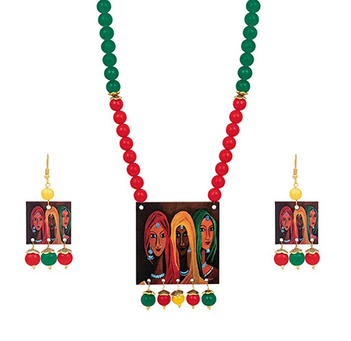 JFL - Jewellery for Less Handcrafted Rajasthani Women Painting Print Beaded Designer Necklace Set for Women and Girls earrings JFL 
