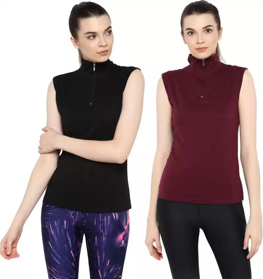 Ap'pulse Solid Women High Neck Maroon, Black T-Shirt (Pack of 2) T SHIRT sandeep anand 