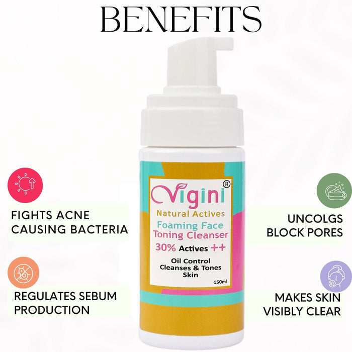 Vigini 30% Actives Anti-Acne Oil Control Foaming Toner Deep Cleanser Soap Free Face Wash Men Women 150ml | health & wellness Global Medicare Inc 